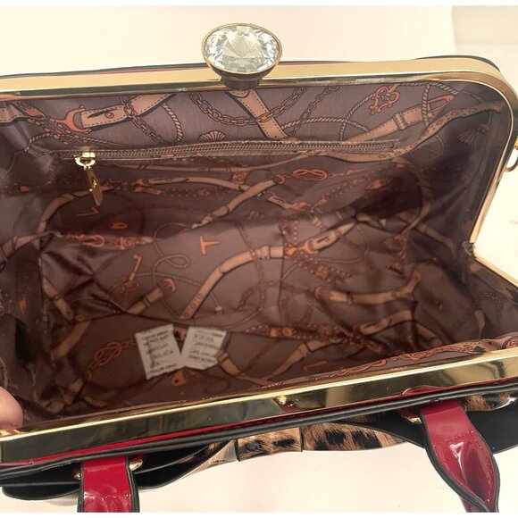 Lipstick Red Shiny Leopard Bow Chunky Diamond Closure Handbag Purse Crossbody - Picture 9 of 11